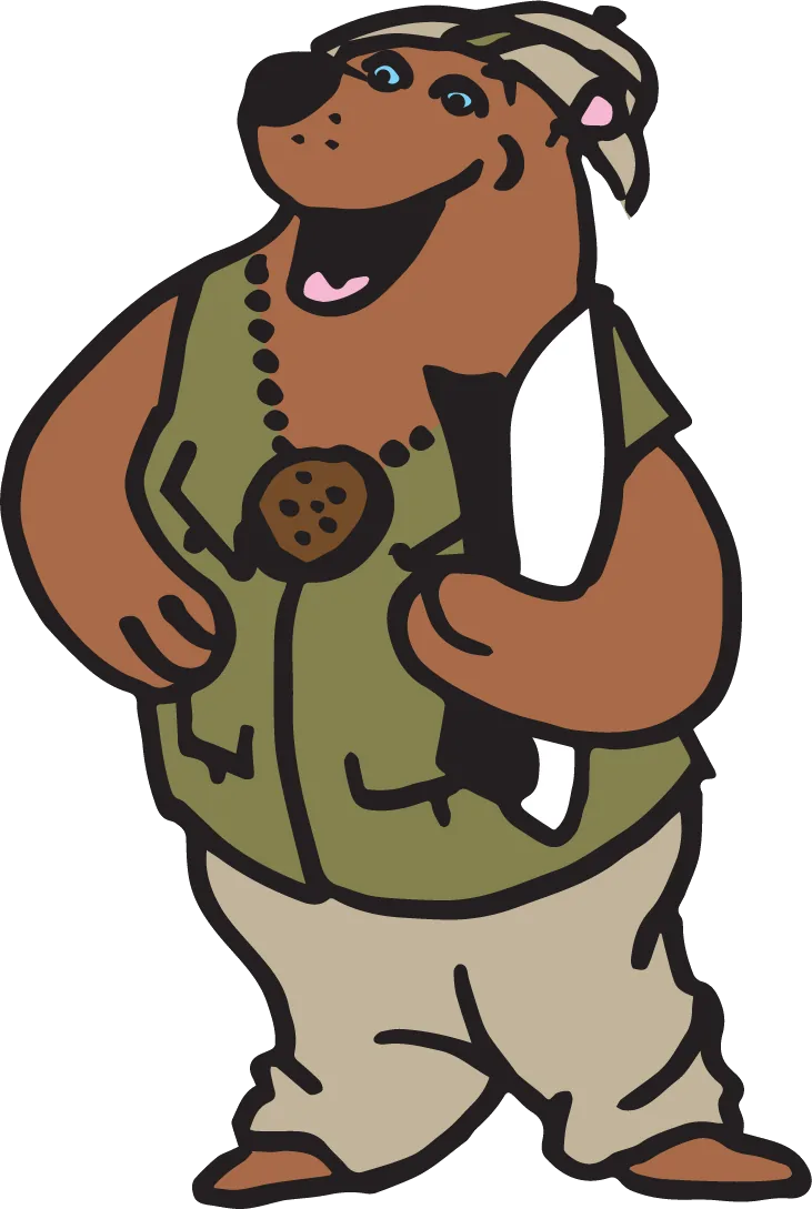Alfie Biscuit, a smiling brown bear explorer in an olive vest with a biscuit medallion.