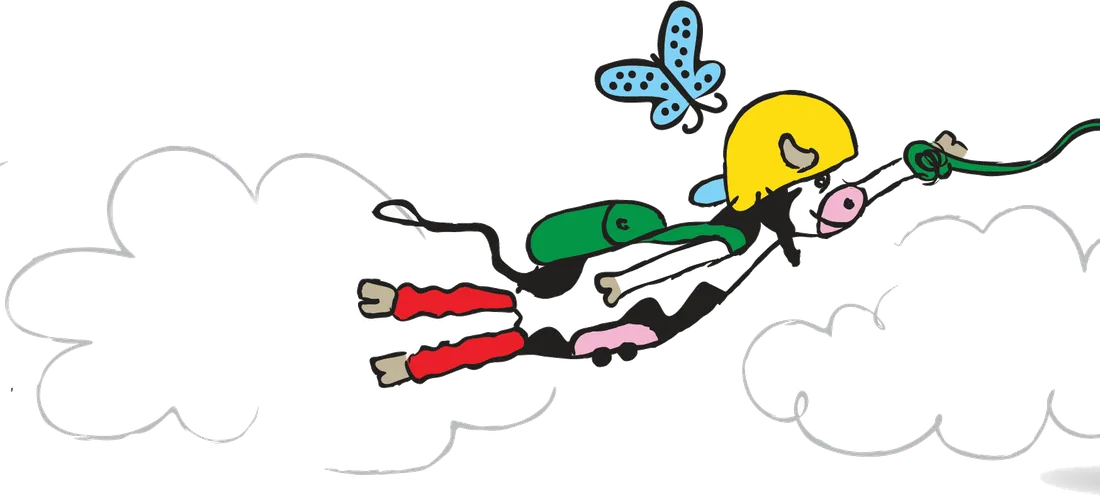 Spread: Hot Socks flies between clouds on a bungee cord, chasing a blue butterfly.
