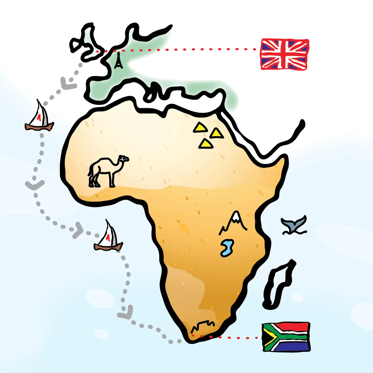 A hand-drawn map: a dotted route leaves the United Kingdom, sails down the west coast of Africa past little sailboats and a camel, rounds the Cape and arrives at the South African flag.