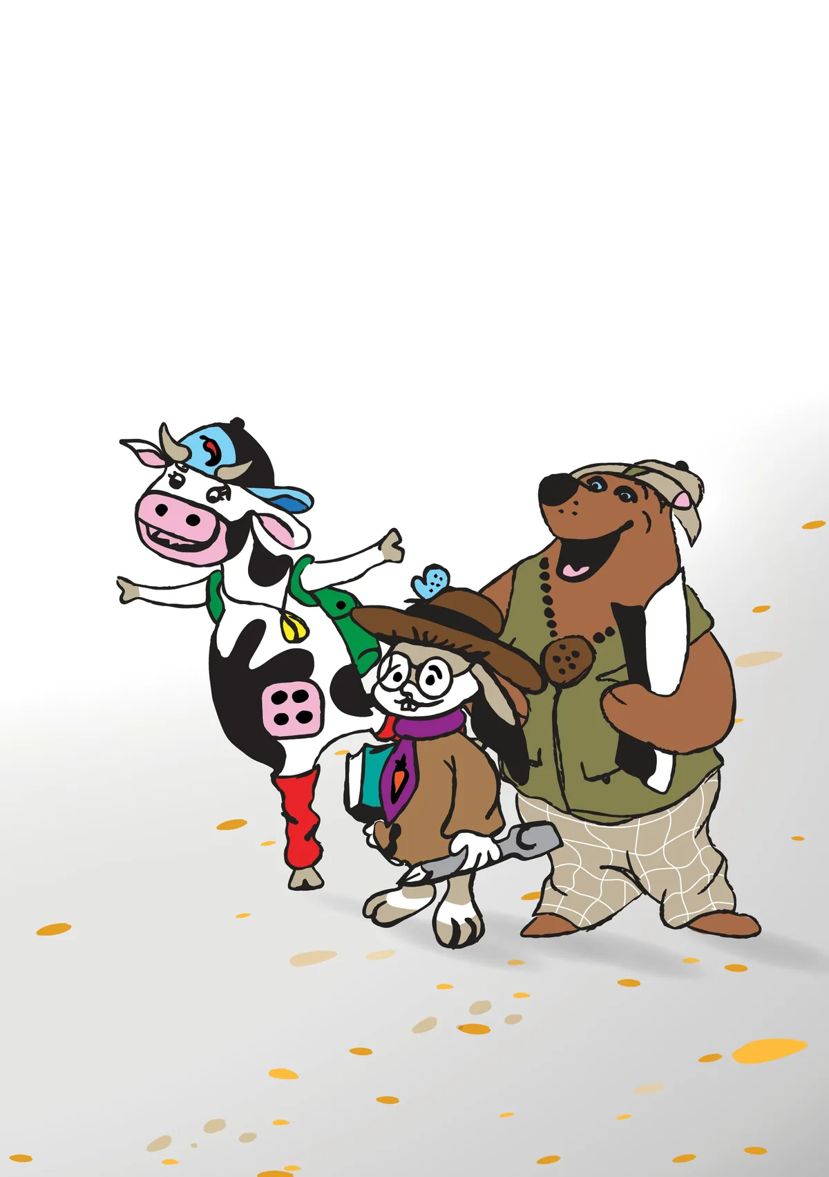 Alfie Biscuit, Digby and Hot Socks walking together, leaving little golden footprints.