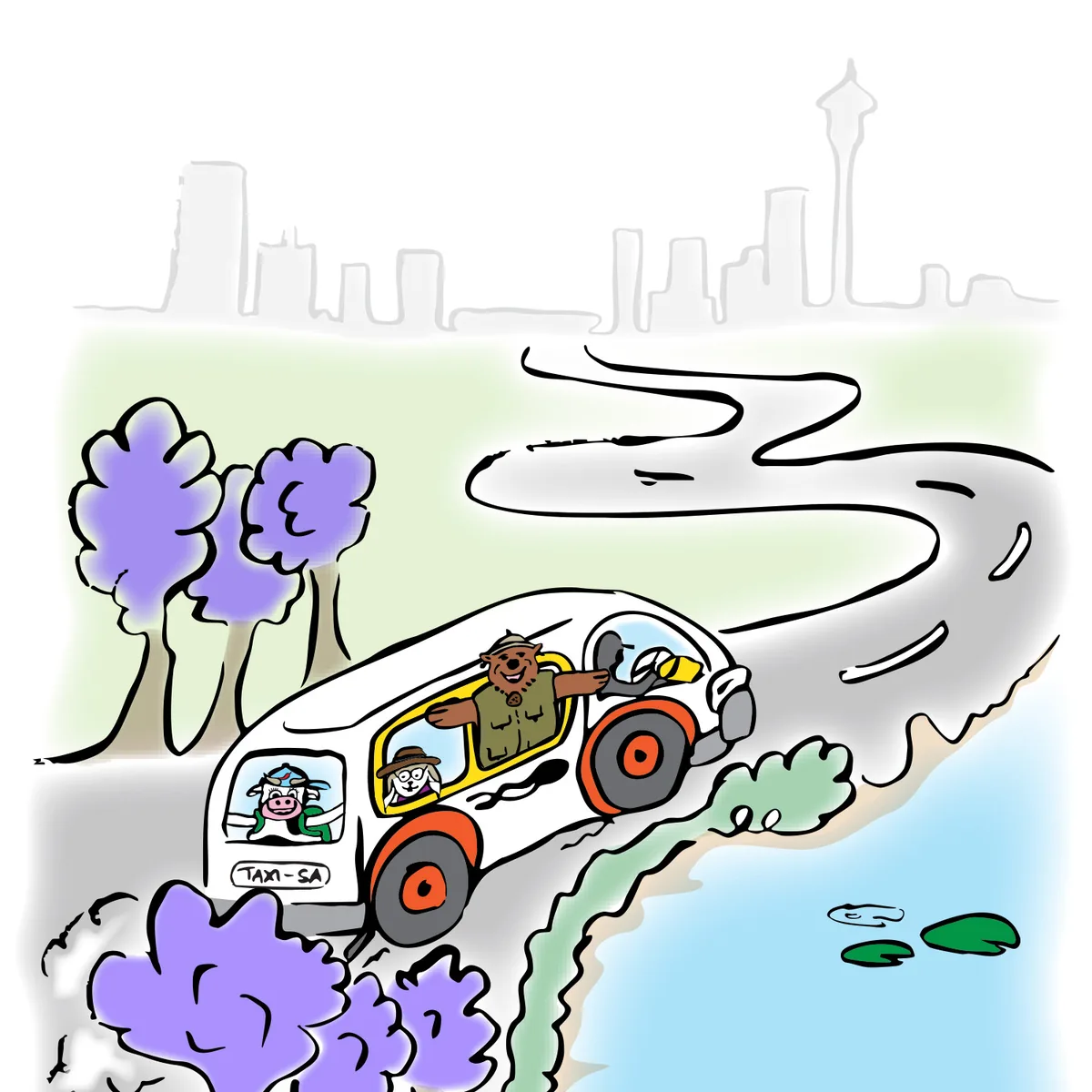 Spread: the trio drives a little white minibus along a winding coastal road past purple trees.